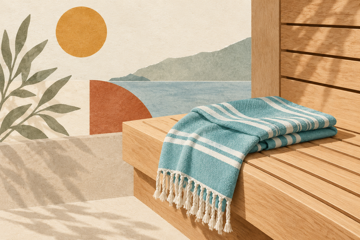 Editorial collage of a turquoise striped hammam towel on an oak sauna bench