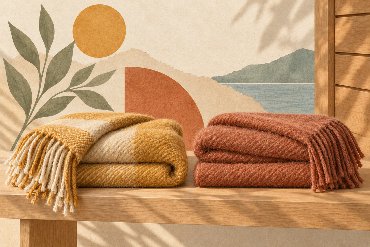 Editorial collage of ochre and terracotta wool blankets with visible wool texture and fringes