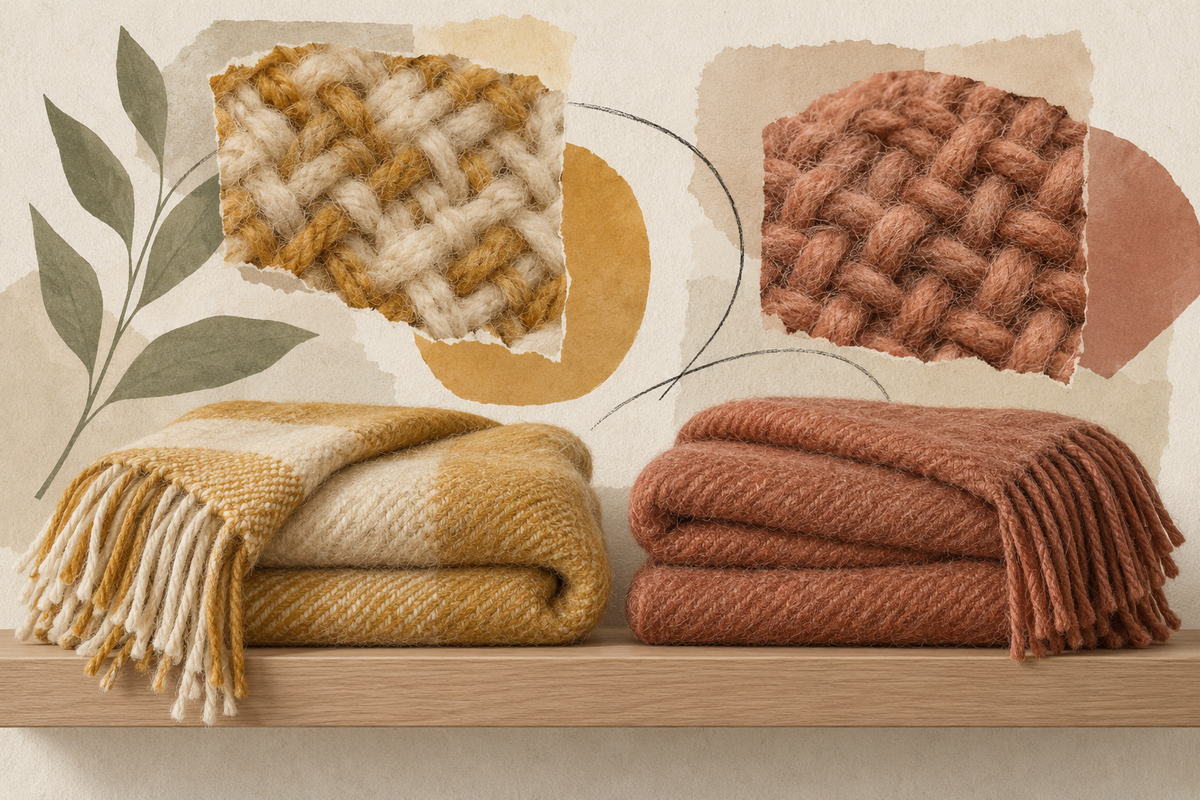 Editorial collage of ochre and terracotta wool blankets with decorative textile close-ups