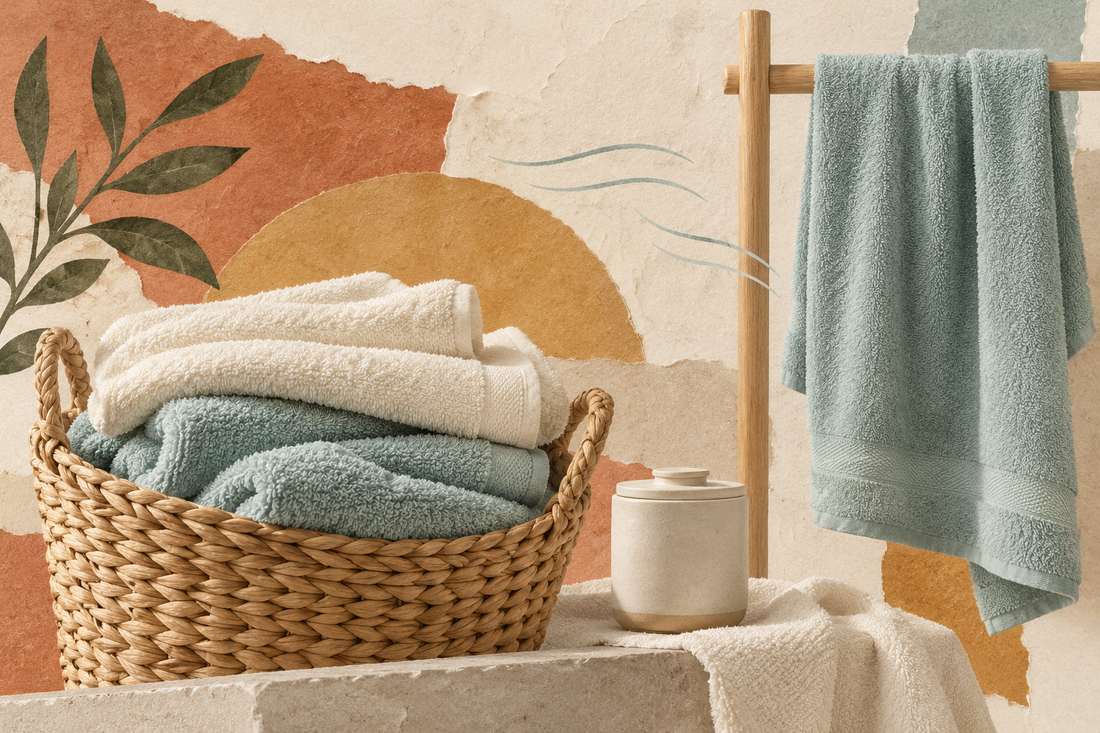 Editorial collage of cotton towels in a wicker basket beside a wooden drying rail