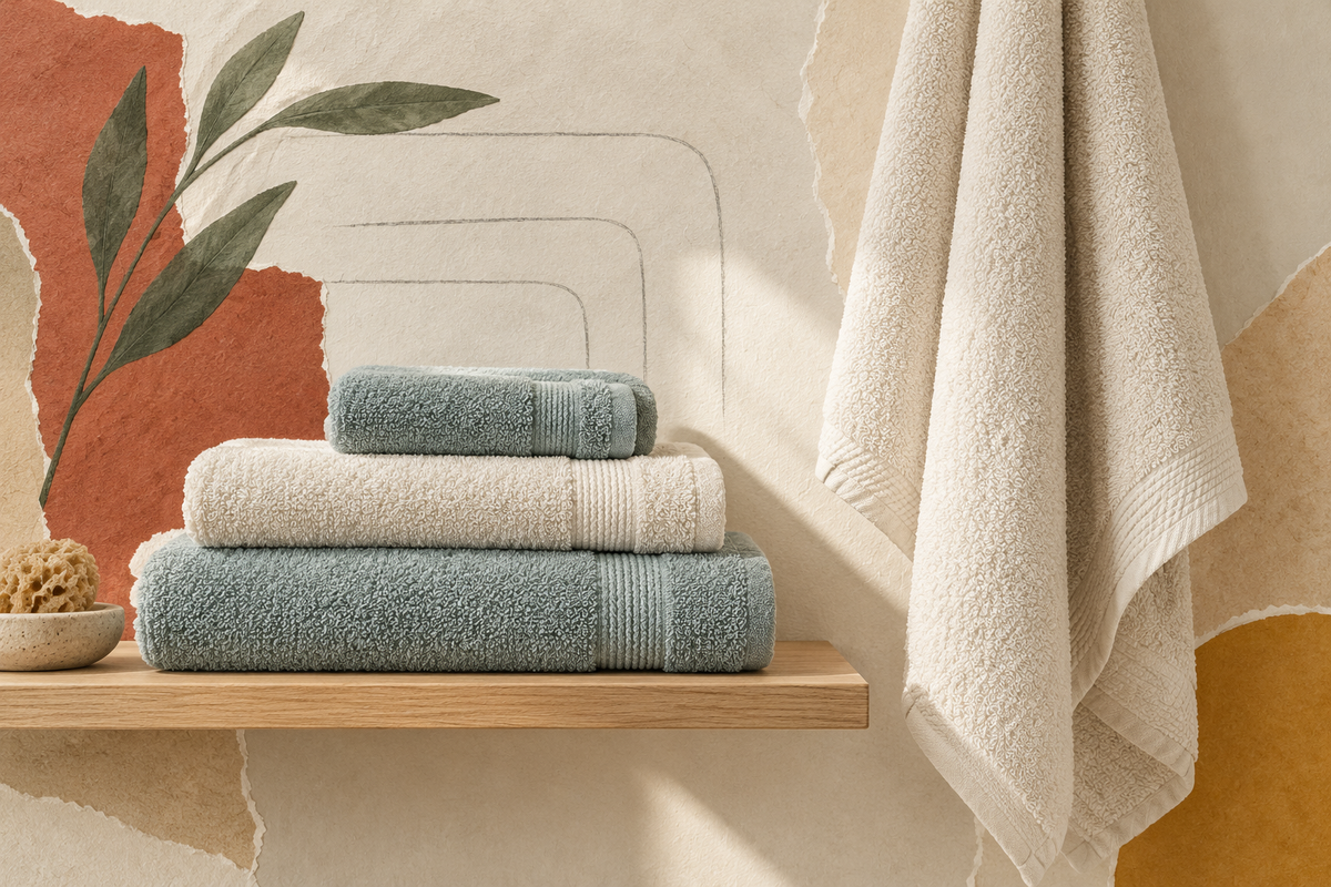 Editorial collage of cream and aquamarine terry towels on a bathroom shelf