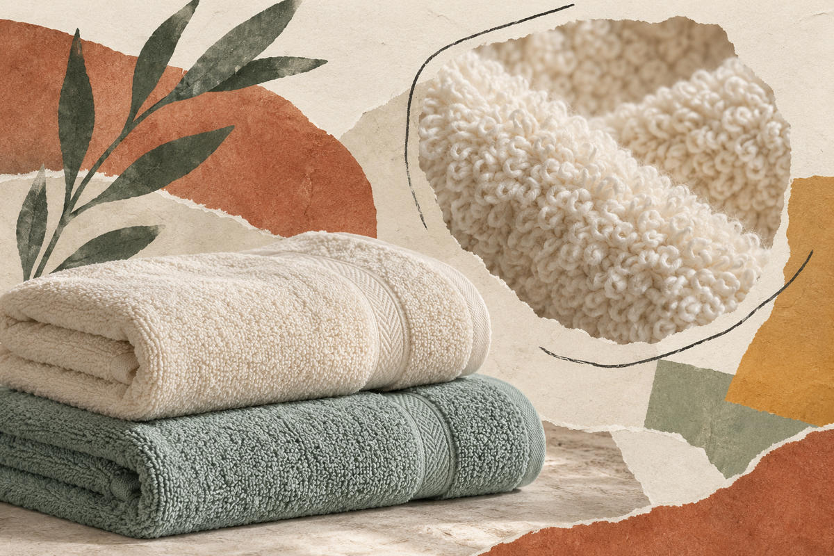 Editorial collage of folded terry towels and a decorative close-up of cotton loops