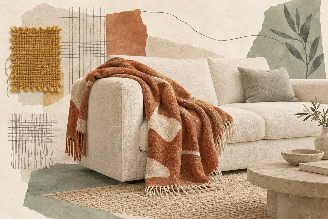 Editorial collage of a terracotta blanket on a cream sofa with textile textures