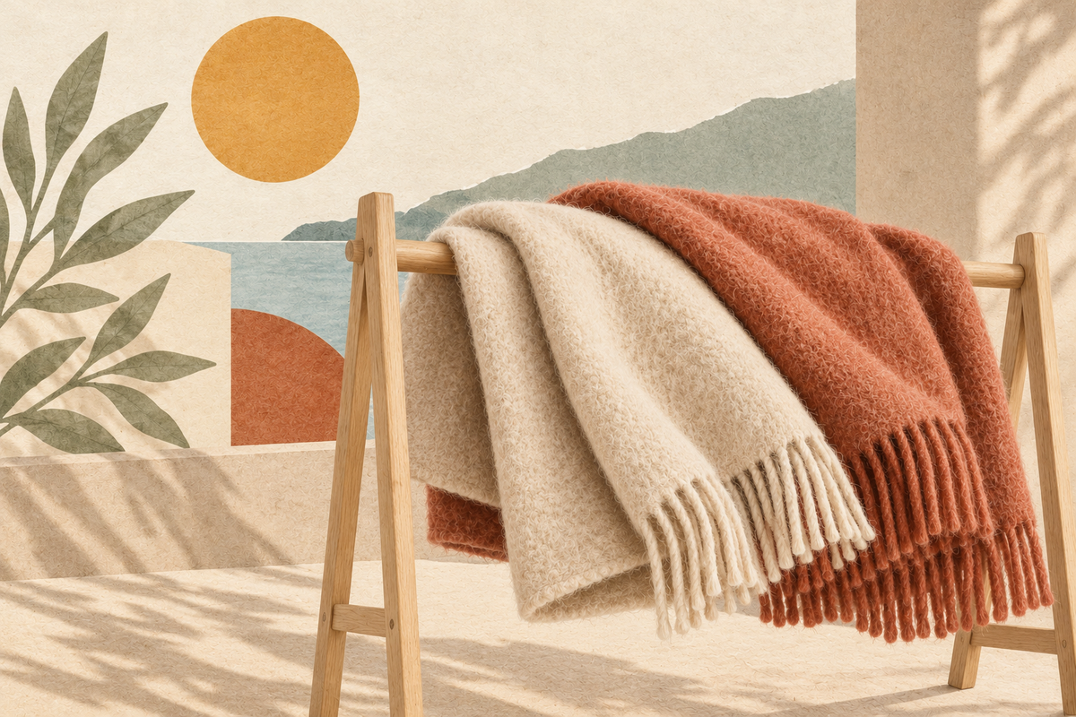 Cream and terracotta wool blankets airing on a light oak rack, showing natural fibers and fringes