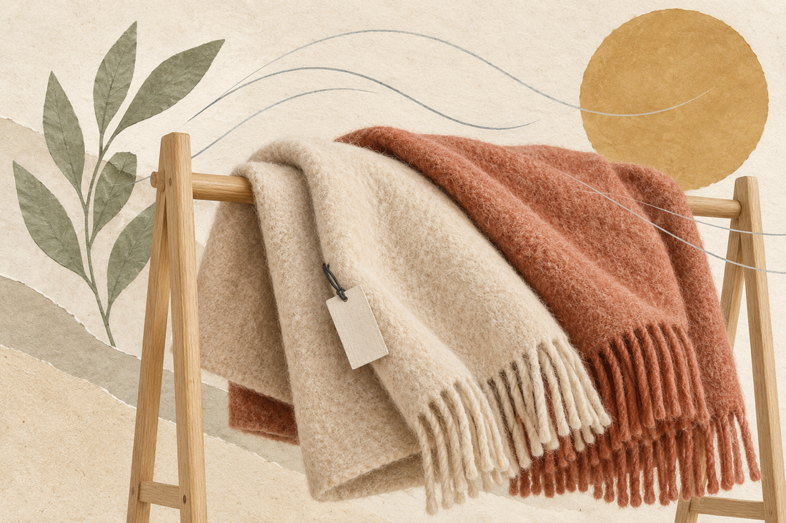 Editorial collage of cream and terracotta wool blankets airing on a wooden rack